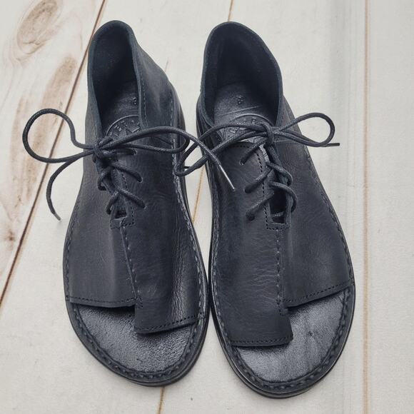 Bread & Butter Italy black leather toe strap sandals moccasins chunky - Picture 1 of 9